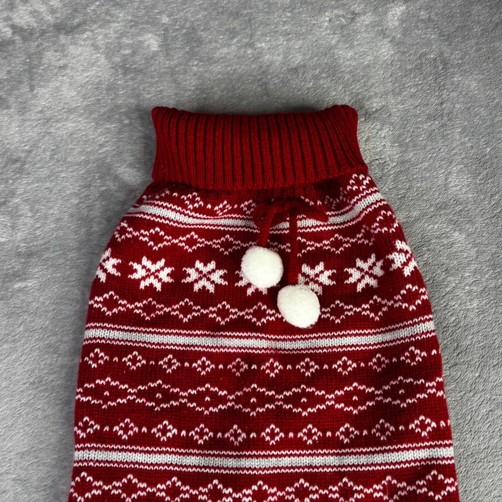Dog Sweater Small Red Fair Isle Snowflake Holiday Pom Pom Turtleneck Christmas